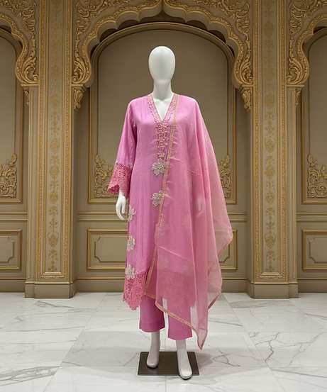 Pink Embroidered Cotton Three-Piece Suit
