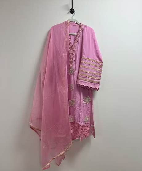 Pink Embroidered Cotton Three-Piece Suit