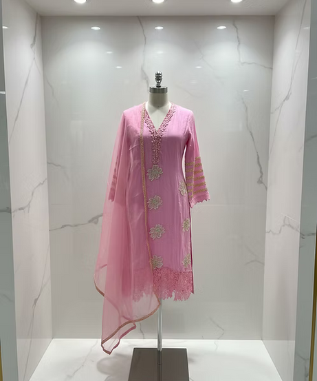 Pink Embroidered Cotton Three-Piece Suit