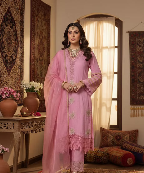 Pink Embroidered Cotton Three-Piece Suit