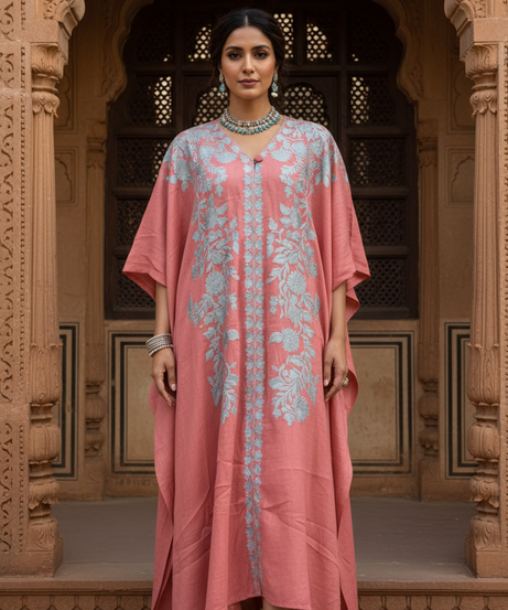 Dusty Rose Floral Embroidered Kaftan Top