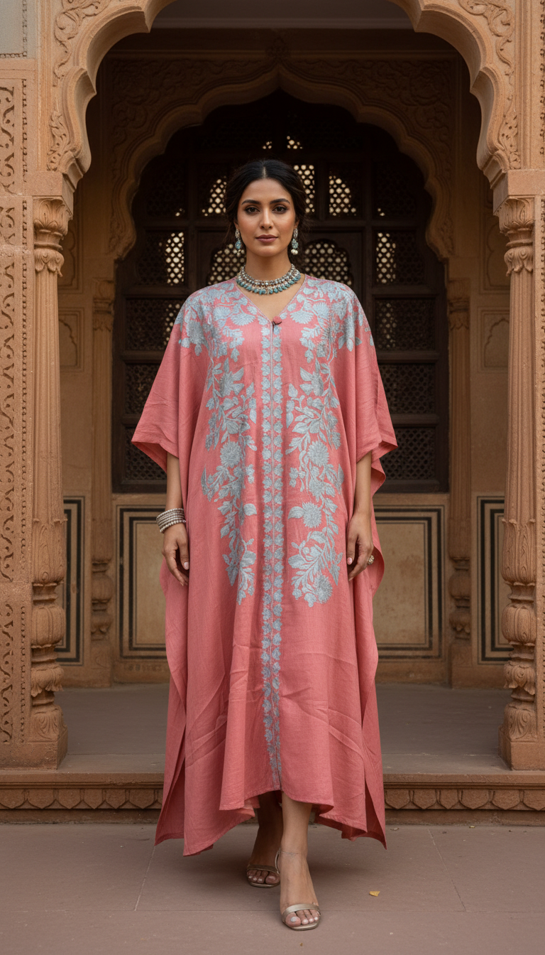 Dusty Rose Floral Embroidered Kaftan Top
