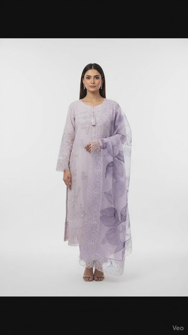 Lilac Organza Floral Kurta Set